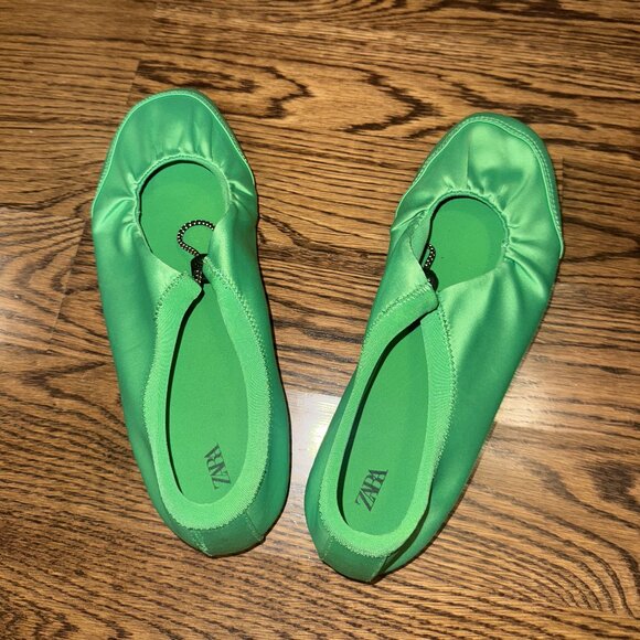 ZARA Satin Effect Ruched Ballet Flats – Green (US 8 Women) - Picture 5 of 7